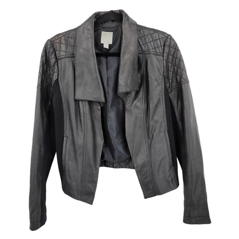 Halogen Lamb Leather Quilted Moto Open Front Jacket M Black Mob‎ Wife Biker - Picture 11 of 11
